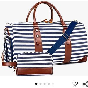Striped Blue and White Travel Bag with Brown Accents